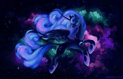 Size: 2048x1321 | Tagged: safe, artist:sharktaiis, derpibooru import, princess luna, alicorn, pony, curved horn, cutie mark, ethereal mane, eyes closed, female, flying, galaxy, head turn, horn, jewelry, leonine tail, long eyelashes, long horn, mare, nebula, regalia, solo, space, starry mane, stars