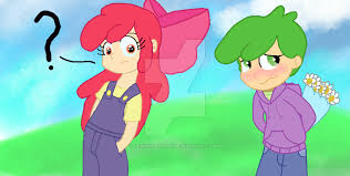 Size: 316x159 | Tagged: safe, artist:jennyfer1500, derpibooru import, apple bloom, spike, human, blushing, female, flower, humanized, male, shipping, spikebloom, straight