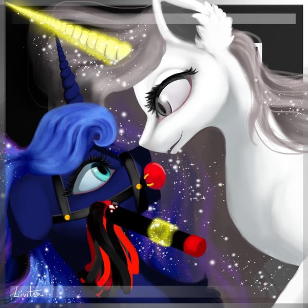 Size: 2000x2000 | Tagged: suggestive, artist:livitoza, derpibooru import, princess celestia, princess luna, pony, princess molestia, ballgag, bondage, bridle, gag, levitation, magic, tack, telekinesis, whip