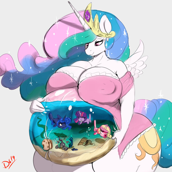 Size: 2000x2000 | Tagged: anthro, artist:thelunarmoon, belly, belly button vore, big belly, breasts, busty princess celestia, cork, derpibooru import, erect nipples, fetish, fish, fish bowl, fishified, huge belly, inflation, large butt, multiple prey, nipple outline, preylight, princess cadance, princess celestia, princess luna, princess vorestia, queen chrysalis, simple background, species swap, suggestive, twilight sparkle, vore, wat, water inflation, white background