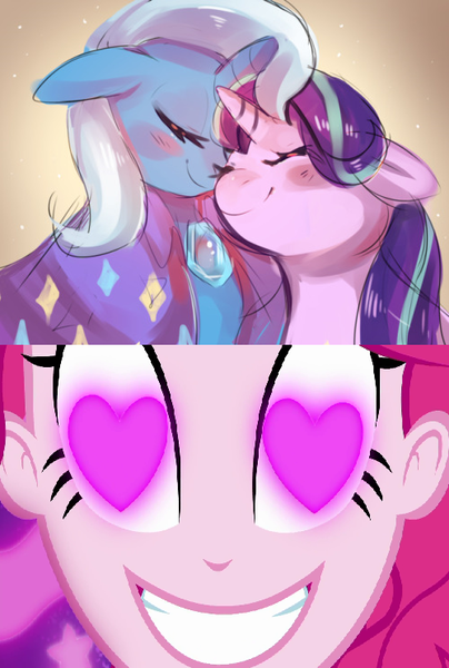 Size: 500x742 | Tagged: safe, artist:cherivinca, derpibooru import, edit, pinkie pie, starlight glimmer, trixie, coinky-dink world, eqg summertime shorts, equestria girls, female, heart eyes, lesbian, meme, pinkie the shipper, pinkie's eyes, shipping, startrix, wingding eyes