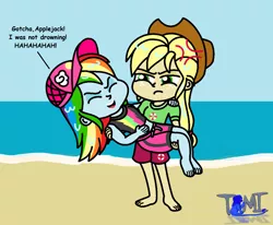 Size: 1300x1072 | Tagged: safe, artist:noguitom, artist:tommychipmunk, derpibooru import, applejack, rainbow dash, equestria girls, equestria girls series, angry, appledash, barefoot, beach, cross-popping veins, feet, female, gotcha, legs, lesbian, lifeguard, lifeguard applejack, prank, shipping, wet hair