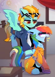 Size: 2500x3461 | Tagged: safe, artist:dino_horse, deleted from derpibooru, derpibooru import, lightning dust, rainbow dash, pegasus, pony, b-f16, bound wings, clothes, courtroom, cuffs, female, glasses, guard, jail, mare, never doubt rainbowdash69's involvement, police, police officer, police pony, police uniform, prison, prison outfit, prisoner, prisoner rd, shackles, wings