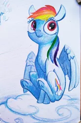 Size: 2584x3920 | Tagged: safe, artist:ponsce, derpibooru import, rainbow dash, pegasus, pony, cloud, colored pencil drawing, female, mare, solo, traditional art