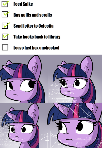 Size: 1120x1624 | Tagged: safe, artist:tjpones, derpibooru import, edit, editor:fluttershyisnot adoormat, twilight sparkle, twilight sparkle (alicorn), alicorn, pony, checklist, confused, does not compute, existential crisis, female, logic bomb, mare, math, math lady meme, meme, ocd, paradox, solo, text