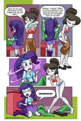 Size: 599x891 | Tagged: safe, artist:art-2u, derpibooru import, rarity, raven, equestria girls, bra, breasts, clothes, comic, darling, dress making, equestria girls-ified, female, marshmelodrama, misspelling, panties, purple underwear, rarity being rarity, red underwear, shocked, side slit, underwear, undressing