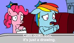 Size: 1460x848 | Tagged: safe, artist:logan jones, derpibooru import, pinkie pie, rainbow dash, pony, fanfic:cupcakes, bikini, bikini bottom, calm down, clothes, hall monitor, hat, meme, paper, police officer, ponified meme, reaction image, spongebob squarepants, swimsuit