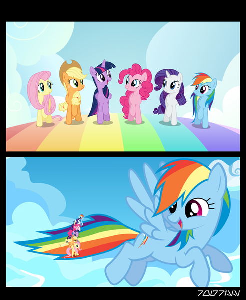 Size: 640x781 | Tagged: safe, derpibooru import, edit, edited screencap, editor:teren rogriss, screencap, applejack, fluttershy, pinkie pie, rainbow dash, rarity, twilight sparkle, twilight sparkle (alicorn), alicorn, earth pony, pegasus, pony, unicorn, all bottled up, best friends until the end of time, cowboy hat, cursed, female, flying, hat, hooves, horn, mane six, mare, open mouth, rainbow, self paradox, size difference, spread wings, wings