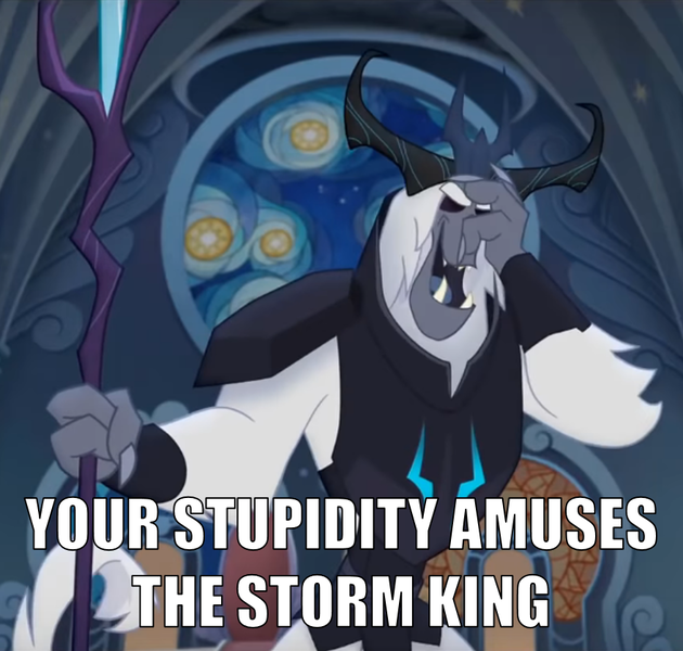 Size: 880x838 | Tagged: antagonist, armor, canterlot castle, caption, cropped, crown, derpibooru import, edit, edited screencap, eyes closed, facepalm, fangs, horns, image macro, jewelry, laughing, meme, my little pony: the movie, reaction image, regalia, safe, screencap, staff, staff of sacanas, stained glass, storm king, text, yeti