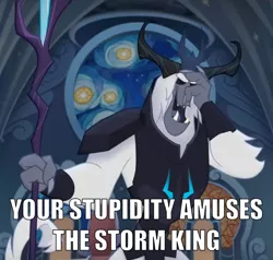 Size: 880x838 | Tagged: antagonist, armor, canterlot castle, caption, cropped, crown, derpibooru import, edit, edited screencap, eyes closed, facepalm, fangs, horns, image macro, jewelry, laughing, meme, my little pony: the movie, reaction image, regalia, safe, screencap, staff, staff of sacanas, stained glass, storm king, text, yeti