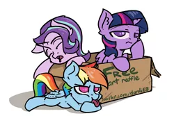 Size: 3000x2000 | Tagged: safe, artist:danli69, derpibooru import, rainbow dash, starlight glimmer, twilight sparkle, twilight sparkle (alicorn), alicorn, pegasus, pony, unicorn, box, cardboard box, drool, female, giveaway, mare, palindrome get, pony in a box, raffle, simple background, tongue out, white background