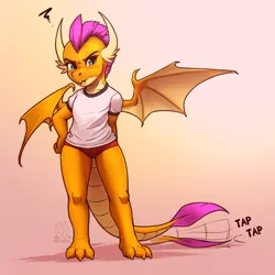 Size: 2375x2375 | Tagged: artist:mykegreywolf, blushing, clothes, derpibooru import, dragon, dragoness, female, gradient background, gym uniform, high res, impatient, looking at you, safe, shirt, smolder, smoldere, smolder is not amused, solo, sports panties, tsundere, unamused