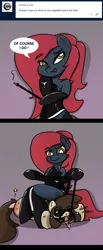 Size: 944x2292 | Tagged: suggestive, artist:n-o-n, derpibooru import, oc, oc:jessi-ka, oc:louvely, unofficial characters only, pony, 2 panel comic, ash, ashtray, cigarette, clothes, comic, corset, dominatrix, female, femdom, femsub, gag, latex, latex socks, leash, objectification, red hair, ring gag, sit, socks, submissive