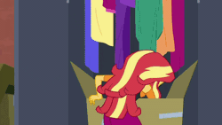 Size: 800x450 | Tagged: safe, derpibooru import, screencap, fluttershy, sunset shimmer, costume conundrum, costume conundrum: sunset shimmer, equestria girls, equestria girls series, spoiler:choose your own ending (season 2), spoiler:eqg series (season 2), animated, box, closet, clothes, costume, excited, eyes closed, geode of empathy, geode of fauna, gif, hairclip, head shake, holding up, hot dog costume, magical geodes, scared, smiling, terrifying