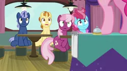 Size: 1920x1080 | Tagged: safe, derpibooru import, screencap, cheerilee, cup cake, golden crust, midnight snack (character), pinkie pie, earth pony, pony, unicorn, a trivial pursuit, bipedal, female, friendship student, male, mare, shocked, sitting, stallion