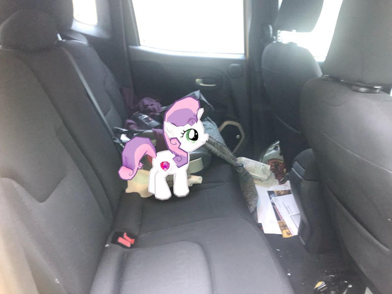 Size: 4032x3024 | Tagged: safe, derpibooru import, photographer:undeadponysoldier, sweetie belle, pony, unicorn, augmented reality, car, cutie mark, female, filly, gameloft, gameloft shenanigans, irl, photo, ponies in real life, solo, the cmc's cutie marks