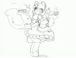 Size: 4096x3100 | Tagged: safe, artist:helixjack, derpibooru import, oc, oc:mew, unofficial characters only, anthro, unguligrade anthro, unicorn, anatomically incorrect, burger, clothes, cosplay, costume, female, food, french fries, horn, incorrect leg anatomy, inflatable, latex dress, lineart, milkshake, monochrome, solo, tray, unicorn oc, waitress