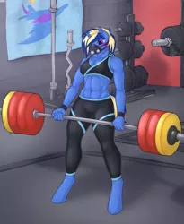 Size: 4118x5018 | Tagged: safe, artist:daf, derpibooru import, oc, oc:enyo, unofficial characters only, anthro, unguligrade anthro, unicorn, abs, breasts, cleavage, female, horn, lifting, mask, solo, spandex, unicorn oc, weight lifting, weights