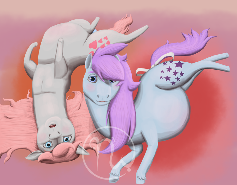 Size: 2200x1716 | Tagged: safe, artist:azurllinate, derpibooru import, blue belle, snuzzle, earth pony, pony, accessories, bed, belly touch, blue eyes, blushing, cloven hooves, curious, female, first generation, g1, laying on bed, lineless art, long hair, long mane, long tail, looking at you, mare, on back, on bed, open mouth, original generation, pink hair, pink mane, pink tail, pregnant, pregnant blue belle, pregnant snuzzle, purple hair, purple mane, ribbon, side, upside down