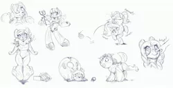 Size: 4096x2102 | Tagged: safe, artist:helixjack, derpibooru import, oc, oc:pretty princess, unofficial characters only, anthro, earth pony, inflatable pony, latex pony, original species, pony, anthro with ponies, boop, braid, bust, devil, devil horns, disembodied hand, earth pony oc, eye clipping through hair, furry, hand, inanimate tf, inflatable, latex, latex suit, lineart, one eye closed, onomatopoeia, pitchfork, pool toy, rubber, simple background, sketch, squeak, transformation, white background, wink