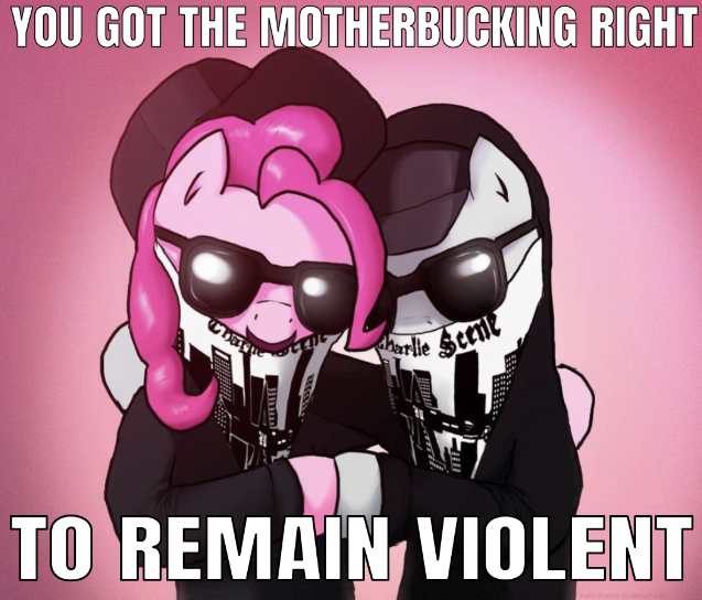 Size: 637x544 | Tagged: artist:makc-hunter, bandana, charlie scene, crossover, derpibooru import, edit, editor:undeadponysoldier, hollywood undead, kill everyone (song), pinkie pie, safe, song reference, sunglasses, talking to viewer, text, vulgar