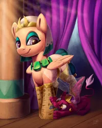 Size: 1500x1871 | Tagged: safe, artist:tsitra360, derpibooru import, prince hisan, somnambula, sphinx (character), pegasus, pony, sphinx, behaving like a cat, clothes, curtains, cute, duo, eyeshadow, female, glowpaz, looking at you, makeup, mare, micro, shrunk, size difference, smiling, socks, speedpaint available