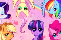 Size: 1279x853 | Tagged: safe, artist:silberhoernchen, derpibooru import, applejack, fluttershy, pinkie pie, rainbow dash, rarity, twilight sparkle, pony, cute, deviantart watermark, ear fluff, grin, heart, looking at you, mane six, obtrusive watermark, one eye closed, profile, rainbow, smiling, upside down, wallpaper, watermark, wink