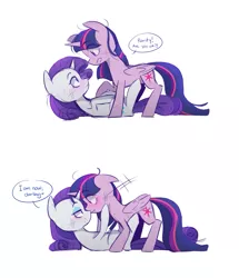 Size: 1161x1353 | Tagged: safe, artist:j_kei, derpibooru import, rarity, twilight sparkle, twilight sparkle (alicorn), alicorn, pony, unicorn, blushing, darling, dialogue, female, lesbian, mare, rarilight, scrapes, shipping, simple background, white background