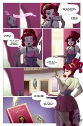 Size: 1458x2214 | Tagged: suggestive, artist:amaraburrger, derpibooru import, cherry jubilee, anthro, earth pony, art pack:the cherry orchard, breasts, busty cherry jubilee, choker, cleavage, clothes, comic, door, double entendre, evening gloves, fan, female, gloves, hand fan, long gloves, looking at you, madame jubilee, solo, solo female, speech bubble, younger