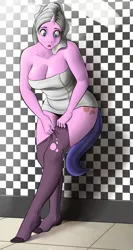 Size: 1226x2300 | Tagged: suggestive, artist:amaraburrger, derpibooru import, cookie crumbles, anthro, plantigrade anthro, unicorn, art pack:the cherry orchard, breasts, busty cookie crumbles, cleavage, clothes, female, milf, nudity, pantyhose, solo, solo female, tiles, torn clothes, towel, younger