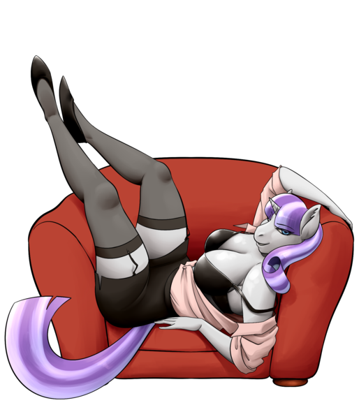 Size: 1714x2000 | Tagged: suggestive, artist:amaraburrger, derpibooru import, twilight velvet, anthro, plantigrade anthro, unicorn, art pack:the cherry orchard, bedroom eyes, bra, breasts, busty twilight velvet, chair, cleavage, clothes, female, garters, legs, milf, miniskirt, sexy, shoes, side slit, simple background, skirt, socks, solo, solo female, stockings, thigh highs, thighs, transparent background, unbuttoned, underwear