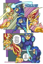 Size: 599x891 | Tagged: safe, artist:art-2u, derpibooru import, flash sentry, sunset shimmer, comic:a battle to save a possessed soul, equestria girls, abs, arm cannon, armor, armpits, big breasts, blade, breasts, busty sunset shimmer, comic, commission, corrupted, dark samus, daydream shimmer, duel, energy weapon, female, fight, male, metroid, metroid prime, phazon, possessed, weapon