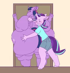 Size: 1232x1280 | Tagged: suggestive, artist:fatfurparadise, derpibooru import, starlight glimmer, twilight sparkle, twilight sparkle (alicorn), alicorn, anthro, unguligrade anthro, bingo wings, butt, butt grab, butt touch, chubby cheeks, doorway, embarrassed, fat, grope, hand on butt, huge butt, impossibly large butt, large butt, looking back, morbidly obese, obese, pushing, stuck, the ass was fat, the ass was too fat, too fat to get through, twilard sparkle, twilight has a big ass