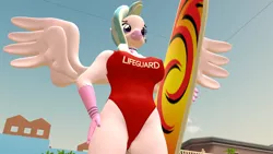 Size: 1920x1080 | Tagged: 3d, anthro, artist:papadragon69, baywatch, breasts, busty silverstream, clothes, derpibooru import, female, lifeguard, one-piece swimsuit, silverstream, solo, source filmmaker, suggestive, swimsuit