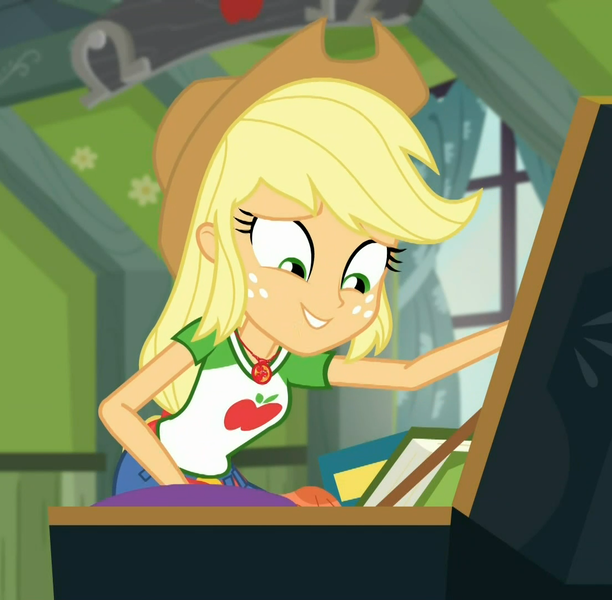 Size: 1101x1080 | Tagged: safe, derpibooru import, screencap, applejack, costume conundrum, costume conundrum: applejack, equestria girls, equestria girls series, spoiler:choose your own ending (season 2), spoiler:eqg series (season 2), applejack's bedroom, applejack's hat, book, cowboy hat, cropped, female, geode of super strength, hat, magical geodes, solo, trunk