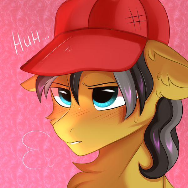 Size: 3000x3000 | Tagged: source needed, safe, artist:pesty_skillengton, derpibooru import, oc, oc:small block, unofficial characters only, pegasus, pony, bust, hat, portrait, sigh, solo