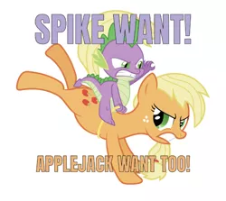 Size: 750x669 | Tagged: safe, artist:sulyo, derpibooru import, edit, editor:undeadponysoldier, applejack, spike, earth pony, pony, aggressive, angry, applespike, female, hatless, male, meme, missing accessory, riding, rodeo, shipping, simple background, spike want, straight, text, white background
