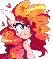 Size: 1280x1451 | Tagged: safe, artist:jxst-starly, derpibooru import, pear butter, pony, bust, cute, floating heart, flower, flower in hair, heart, pearabetes, portrait, silly, silly pony, simple background, solo, tongue out, transparent background