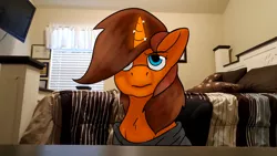 Size: 2592x1458 | Tagged: safe, artist:mcsplosion, derpibooru import, oc, oc:painterly flair, pony, unicorn, annoyed, baggy shirt, bedroom, clothes, context in description, desk, female, glowing horn, horn, human to pony, irl, photo, ponies in real life, post-transformation, real life background, solo, transformation