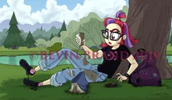 Size: 1280x740 | Tagged: safe, artist:bevin brand, deleted from derpibooru, derpibooru import, moondancer, equestria girls, backpack, big honkin' watermark in the middle of everything, book, clothes, coffee, commission, cutie mark, equestria girls-ified, glasses, grass, jeans, lake, nasa, obtrusive watermark, official fan art, pants, shirt, shoes, spilled drink, tree, watermark