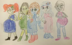 Size: 3932x2440 | Tagged: safe, artist:13mcjunkinm, derpibooru import, oc, oc:blue bonnet, oc:emerald stardust, oc:prima donna, oc:sandy swirl, oc:stormy reins, equestria girls, group photo, multiple pregnancy, pregnant, pregnant equestria girls, traditional art