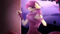 Size: 3840x2160 | Tagged: safe, artist:elektra-gertly, derpibooru import, fluttershy, anthro, bat pony, bat ponified, claw marks, clothes, dress, fangs, fingerless gloves, floppy ears, flutterbat, gloves, looking at you, looking back, looking back at you, night, piercing, race swap, red eyes, signature, slit eyes, smiling, solo, wingless