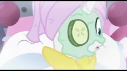 Size: 2224x1251 | Tagged: bathrobe, clothes, cucumber, cucumber pirate, derpibooru import, dragon dropped, food, mud mask, rarity, robe, safe, screencap, spa, suprised look, towel on head