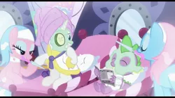 Size: 2224x1251 | Tagged: aloe, cucumber, cucumber pirate, derpibooru import, dragon, dragon dropped, eating, female, food, lotus blossom, male, mud mask, nail file, rarity, safe, screencap, spa, spa twins, spike, winged spike