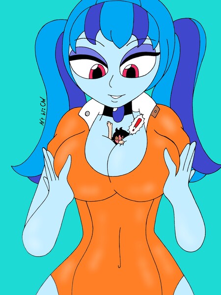 Size: 1932x2576 | Tagged: questionable, artist:c_w, derpibooru import, sonata dusk, human, equestria girls, big breasts, boob squish, breasts, busty sonata dusk, clothes, cosplay, costume, diane, equestria girl x human, eyeshadow, female, giantess, human male, human on equestria girl action, jewelry, looking at you, looking down, looking down at you, macro, makeup, male, pendant, pigtails, seven deadly sins, smiling