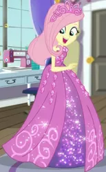 Size: 312x508 | Tagged: safe, derpibooru import, screencap, fluttershy, costume conundrum, equestria girls, equestria girls series, spoiler:eqg series (season 2), beautiful, clothes, costume conundrum: rarity, cropped, cute, dress, female, happy, jewelry, looking down, princess fluttershy, rarity's bedroom, shyabetes, sleeveless, smiling, solo, tiara