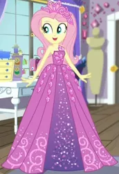 Size: 421x613 | Tagged: safe, derpibooru import, screencap, fluttershy, costume conundrum, equestria girls, equestria girls series, spoiler:choose your own ending (season 2), spoiler:eqg series (season 2), beautiful, clothes, costume conundrum: rarity, cropped, cute, dress, happy, jewelry, princess fluttershy, rarity's bedroom, shyabetes, sleeveless, smiling, solo, tiara