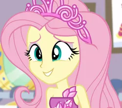 Size: 1015x900 | Tagged: safe, derpibooru import, screencap, fluttershy, costume conundrum, equestria girls, equestria girls series, spoiler:choose your own ending (season 2), spoiler:eqg series (season 2), beautiful, clothes, costume conundrum: rarity, cropped, cute, dress, female, jewelry, princess fluttershy, rarity's bedroom, shyabetes, sleeveless, smiling, solo, tiara