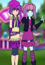 Size: 932x1350 | Tagged: safe, artist:fantasygerard2000, derpibooru import, sunny flare, oc, oc:magus eveningstar, equestria girls, equestria girls series, spoiler:eqg series (season 2), alternate outfits, belt, boots, clothes, dress, fingerless gloves, gloves, hat, jewelry, necklace, necktie, shoes, socks, starswirl music festival, stockings, thigh highs