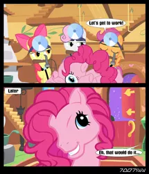 Size: 640x743 | Tagged: safe, derpibooru import, edit, edited screencap, editor:teren rogriss, screencap, apple bloom, pinkie pie, scootaloo, sweetie belle, earth pony, pegasus, pony, unicorn, stare master, the one where pinkie pie knows, cutie mark crusaders, female, filly, fluttershy's cottage, foal, g3 faic, hammer, hooves, mare, modular, mouth hold, pinkie blind, pinkie pieces, wings